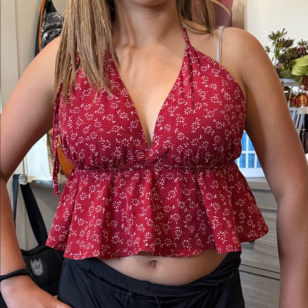 SHEIN Red Floral Halter Peplum Crop Top